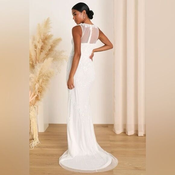 Lulus Modern Fairytale White Mesh Beaded Sequin Mermaid Maxi Dress Small NEW - Picture 15 of 16